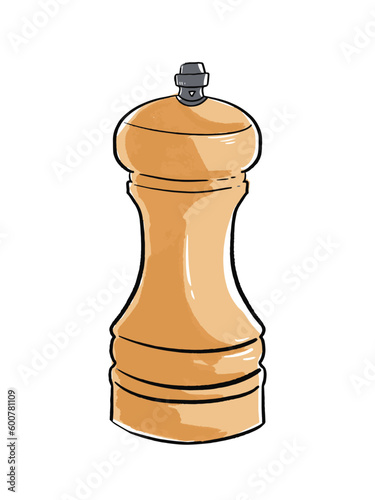 Light brown colored wooden black pepper and salt grinder kitchen object vector illustration isolated on vertical white colored background template. Cooking items themed artwork.