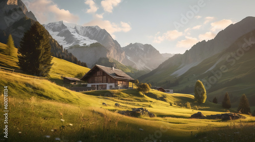 House in mountain meadow. Illustration AI Generative.