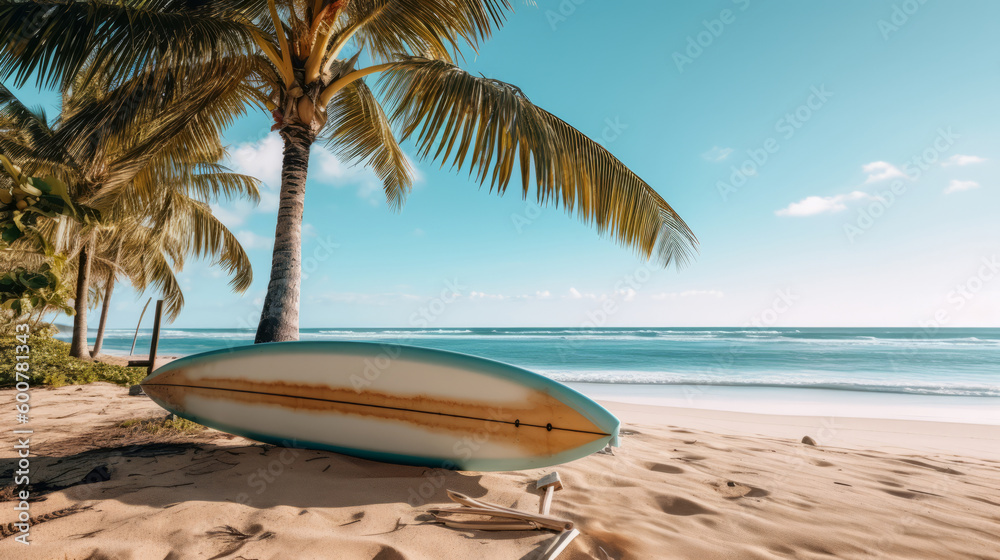 Surfboard and palm tree on beach. Illustration AI Generative.