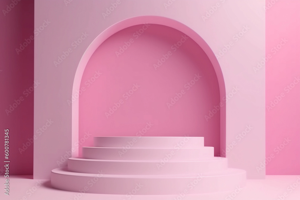 Obraz premium Candy pink monochrome round podium display background with arch and natural shadow. Beauty product promotion mockup. Round stand for cosmetic products. Generative AI