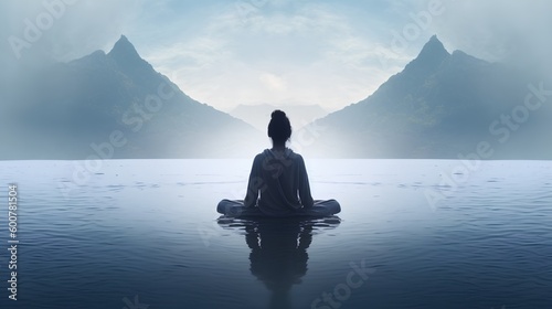 A back view of a solitary individual sitting in the lotus pose in a serene, abstract environment of tranquility. Calm water below and expansive sky above. Inspiring deep introspection. Generative AI