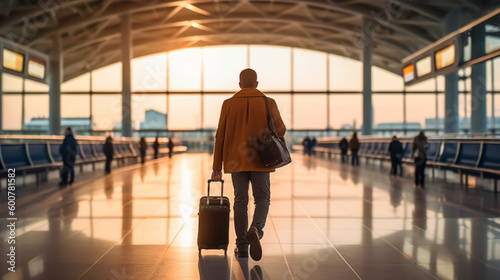 Man With Bag And Suitcase Walking In Airport. Illustration AI Generative.
