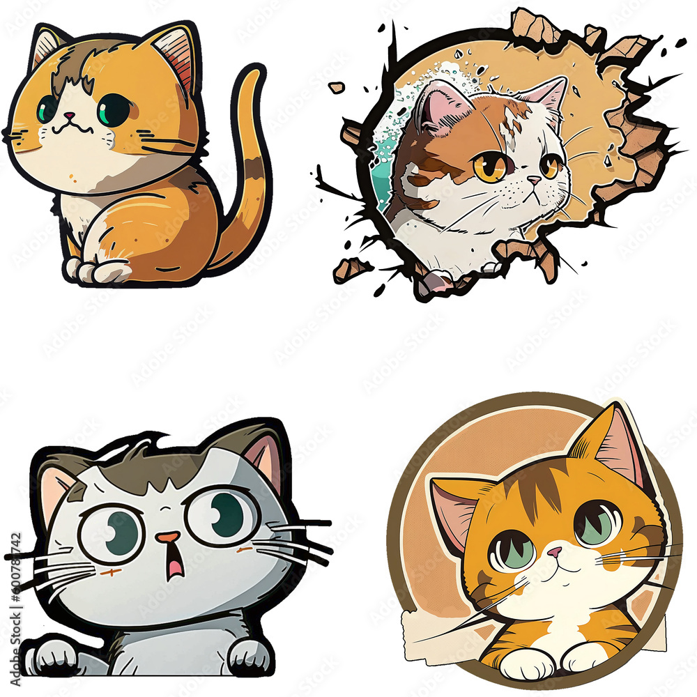 Set of funny cartoon cats AI