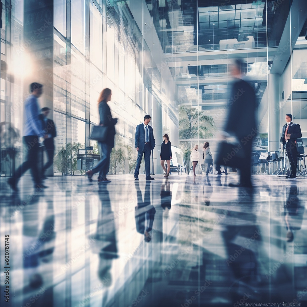 Business people walking transparent windows neon light meeting generative AI Business people walking transparent windows neon light meeting generative AI