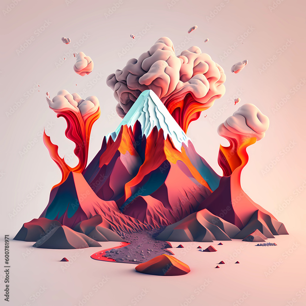 Volcano spewing red lava on neutral background. Model of a volcanic eruption. Trending illustration of natural phenomena. Generative AI.