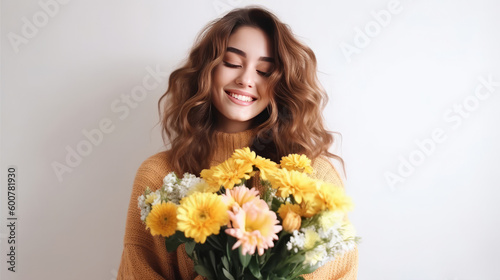 Girl with flowers. Illustration AI Generative.