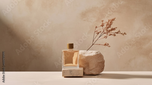 Perfume bottle on natural stone background. Illustration AI Generative.