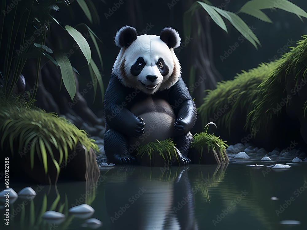 Panda sits on the shore of a pond, Generative AI