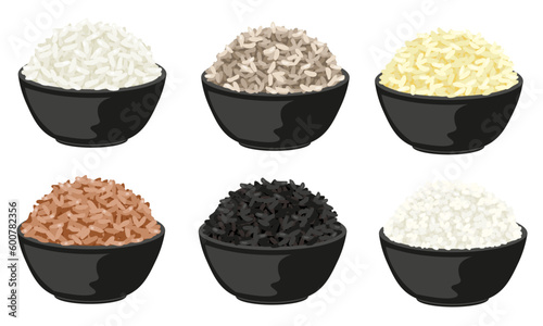 different type of rice, white rice, brown rice, black rice, etc.