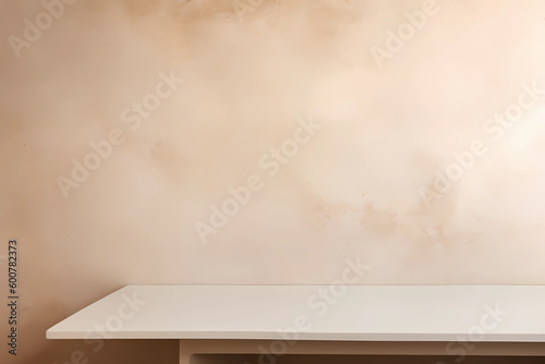 Textured neutral beige wall copy space. Monochrome empty room with minimalist empty table. Wall scene mockup product for showcase, Promotion background. Generative AI.