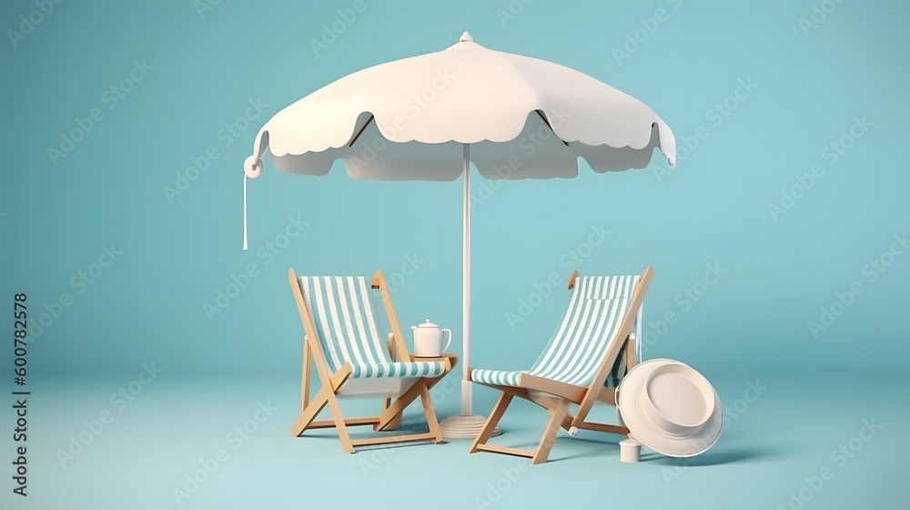 Summer vacation essentials: a beach chair and umbrella showcased in minimal style on a blue background