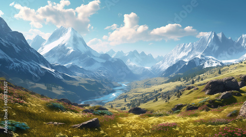 an illustration of snow-covered rocky mountains with a river flowing among them and green and yellow grass on the shore, generated by AI
