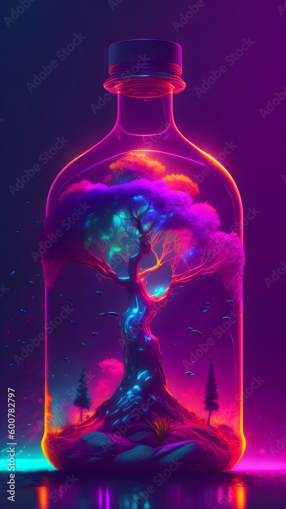 bottle with liquid, tree in bottle glass, cyberpunk tree, cyberpunk bottle bottle with liquid, tree in bottle glass, cyberpunk tree, cyberpunk bottle