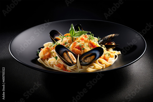 Spaghetti with New Zealand Mussels in dish