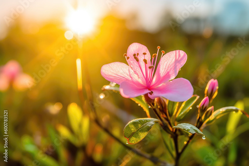 Nature background with flower in spring sunrise. Generative AI