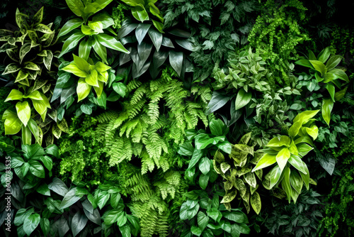 Fotobehang Green wall with plants and leaves. Generative AI