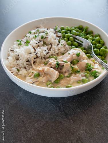Fényképezés Chicken fricassee or ragout with basmati rice and wild rice