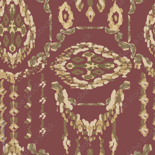 Rhombus Ikat Vector Pattern. Ogee Geometric Print. Abstract Ethnic Kilim. Watercolor Batik Seamless Design. Wet Vintage Tie Dye Ornament. Gold, Green, and Red Vibrant Carpet Rug Chevron Motif.