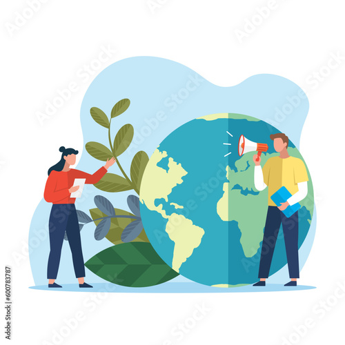 Green technology, environmental care and sustainable development banner with man and woman holding recycling icon. Green recycle symbol. Waste recycling, ecology protection. Zero waste stop pollution