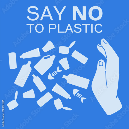Pollution problem concept. Say no to plastic. Cartoon banner calling for stop using disposable polythene package. Fight against accumulation of plastic toxic products in environment, save nature