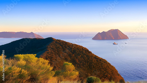 Mountain landscape in morning light with calm waters of the lake. AI-Generated Beautiful Scenery 