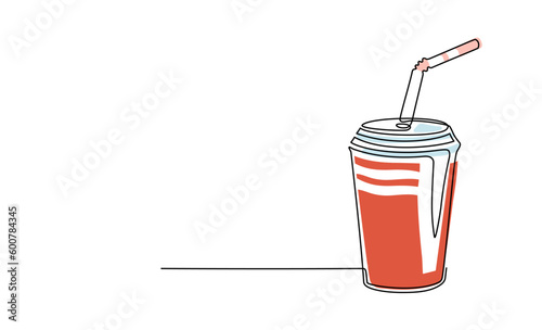Sweet soda drink in plastic cup in one continuous line drawing style. Fast food drink in lineart style. Single line, editable stroke. Milkshake or soda takeaway drink. Modern vector illustration