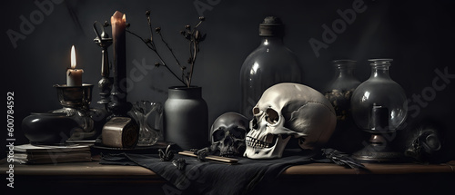 Dark macabre Skull still life background - generative AI - dark art