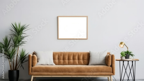Mockup of poster frame in living room. Illustration AI Generative. © olegganko