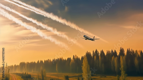 Airplane in sky background. Illustration AI Generative.