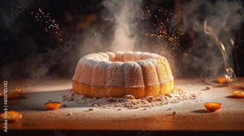 Cake with sugar powder. Illustration AI Generative.