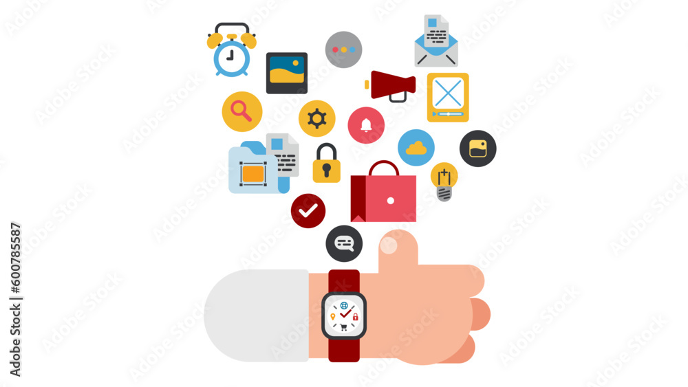 technology data with applications in smartwatch ,wearing smartwatch. stock illustration technology data with applications in smartwatch ,wearing smartwatch. stock illustration