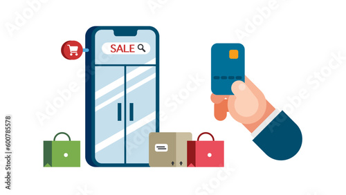 Use a credit card to shop online. There is a smartphone as a symbol of the shop.Simplicity. of commodity trading. stock illustration