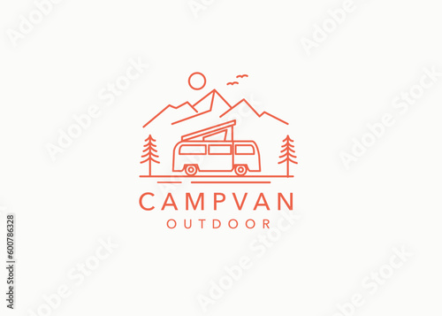 Line art Camper van logo, emblems and badges. camping tent and forest silhouette. Recreational vehicle illustration