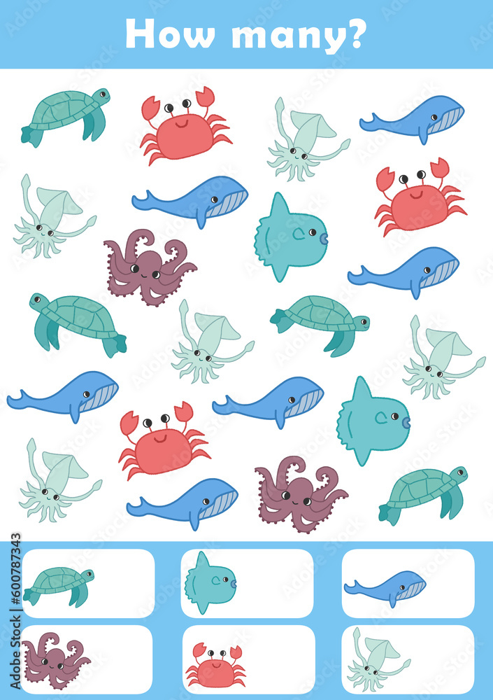 Counting children game cartoon. I spy game for toddlers. Find and count the ocean and water animals worksheet. Counting educational activity for children and kids. Counting children game cartoon. I spy game for toddlers. Find and count the ocean and water animals worksheet. Counting educational activity for children and kids.