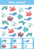 Counting children game cartoon. I spy game for toddlers. Find and count the ocean and water animals worksheet. Counting educational activity for children and kids. 