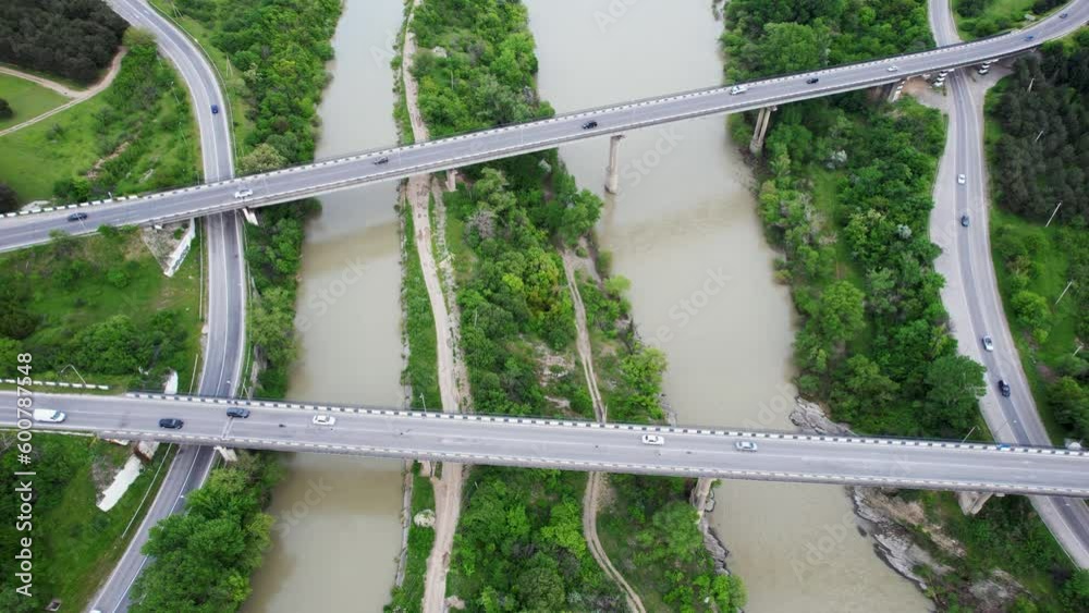 Intersecting Rivers Drone view of contemporary bridge intersection above river. Aerial view ...