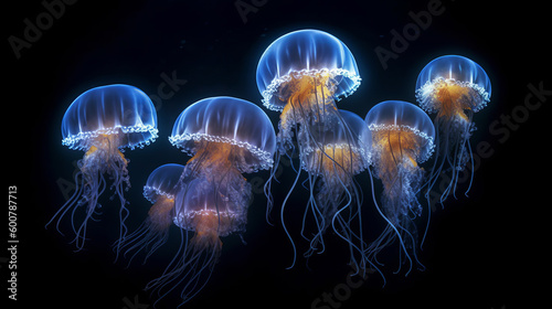  Many small jellyfish Aurelia aurita in sea Illustration AI Generative.