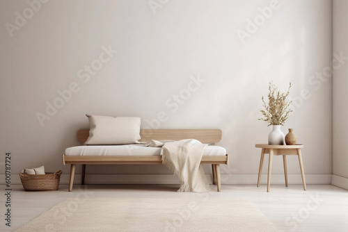 Neutral beige wall copy space. Monochrome empty room with minimalist bench and boho decor. Wall scene mockup product. Promotion background. Generative AI.