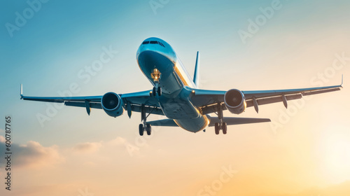 Airplane in sky background. Illustration AI Generative.