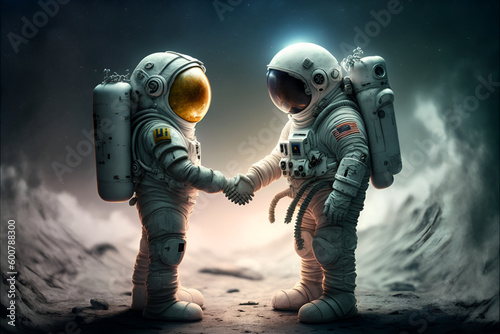 Two astronauts meet on an alien planet and shake hands (Generative AI, Generativ, KI) photo