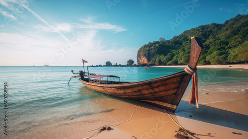 Thai traditional wooden longtail boat. Illustration AI Generative.