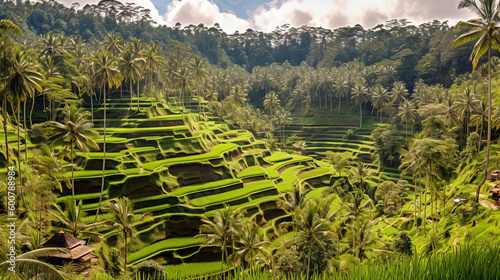 Green rice fields. Illustration Generative AI..