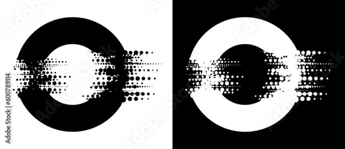 Circles with glitch halftone texture. Black shape on a white background and the same white shape on the black side.