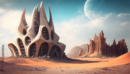 Magnificent buildings on an alien planet for futuristic design, Generative AI