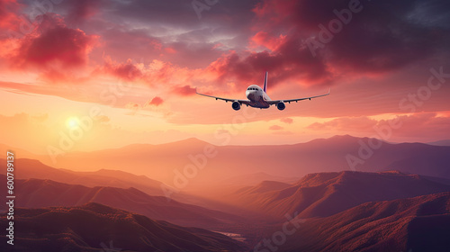 passenger plane flies over mountains on a beautiful sunset. Generative AI