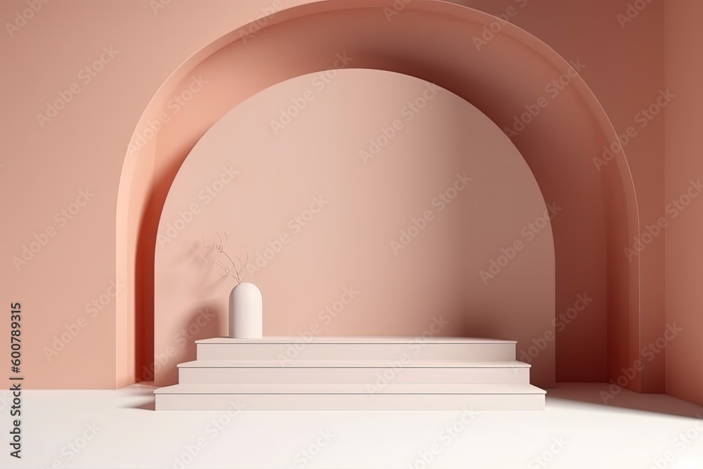 Podium with wall arch background for product presentation mock up for exhibitions, minimal concept. Generative AI Podium with wall arch background for product presentation mock up for exhibitions, minimal concept. Generative AI