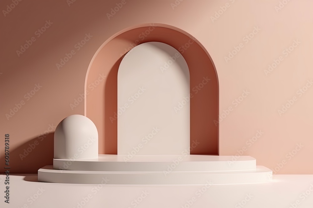 Podium with wall arch background for product presentation mock up for exhibitions, minimal concept. Generative AI Podium with wall arch background for product presentation mock up for exhibitions, minimal concept. Generative AI