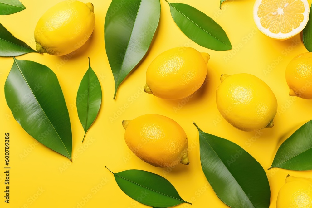 Lemons and green leaves on yellow background. Lemon fruit, citrus minimal concept, vitamin C. Creative summer minimalist background. Flat lay, top view. Generative AI