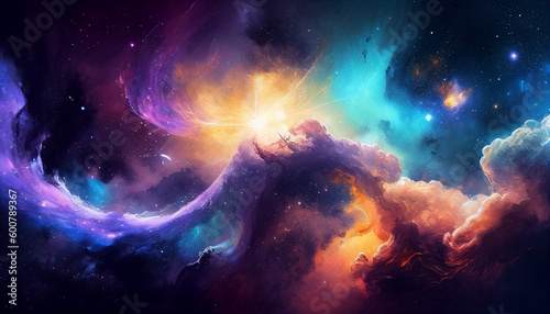 A colorful space galaxy background with a nebula, Generative AI © drizzlingstarsstudio