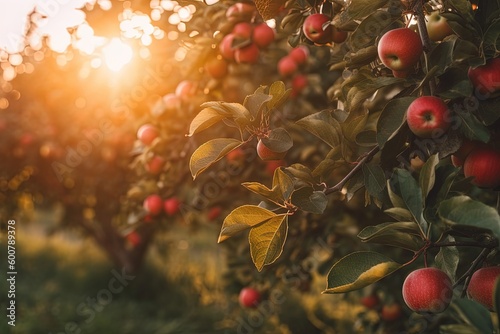 Ripe Apples in Orchard ready for harvesting, autumn, sunset. Generative AI